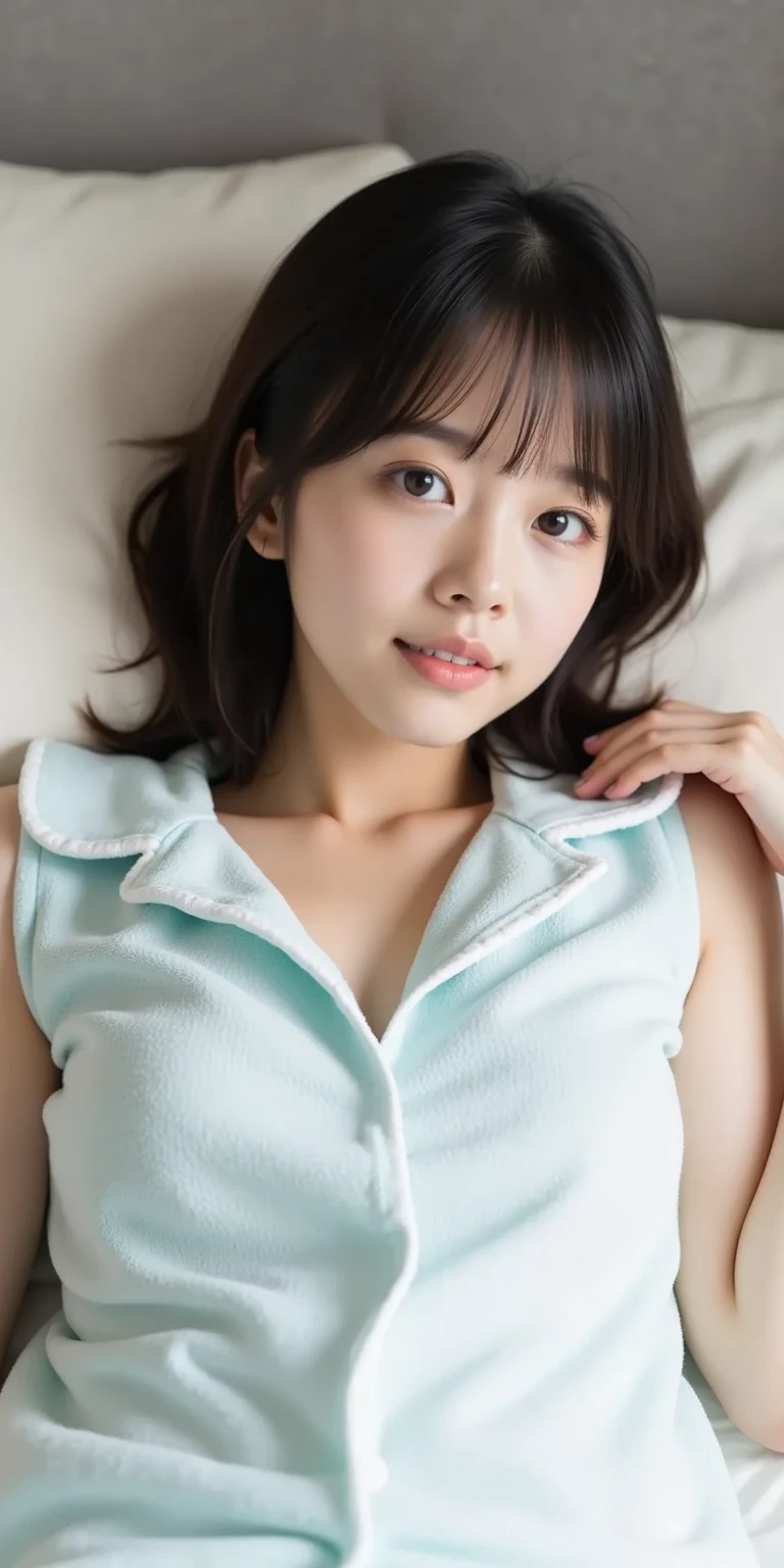 (highest quality, High resolution, correct, masterpiece, 8k:1.5), (Photorealistic:1.3), RAW Photos, woman１people, 20-year-old, (whole body), (All fours pose:1.2), (ＴShirt dress), Brown wavy hair, bangs, Naughty face, Detailed face, Droopy eyes, Thighs,  Sharp contours, On the bed, Idol Photos、night,Professional Lighting,  Wide-range photography, 