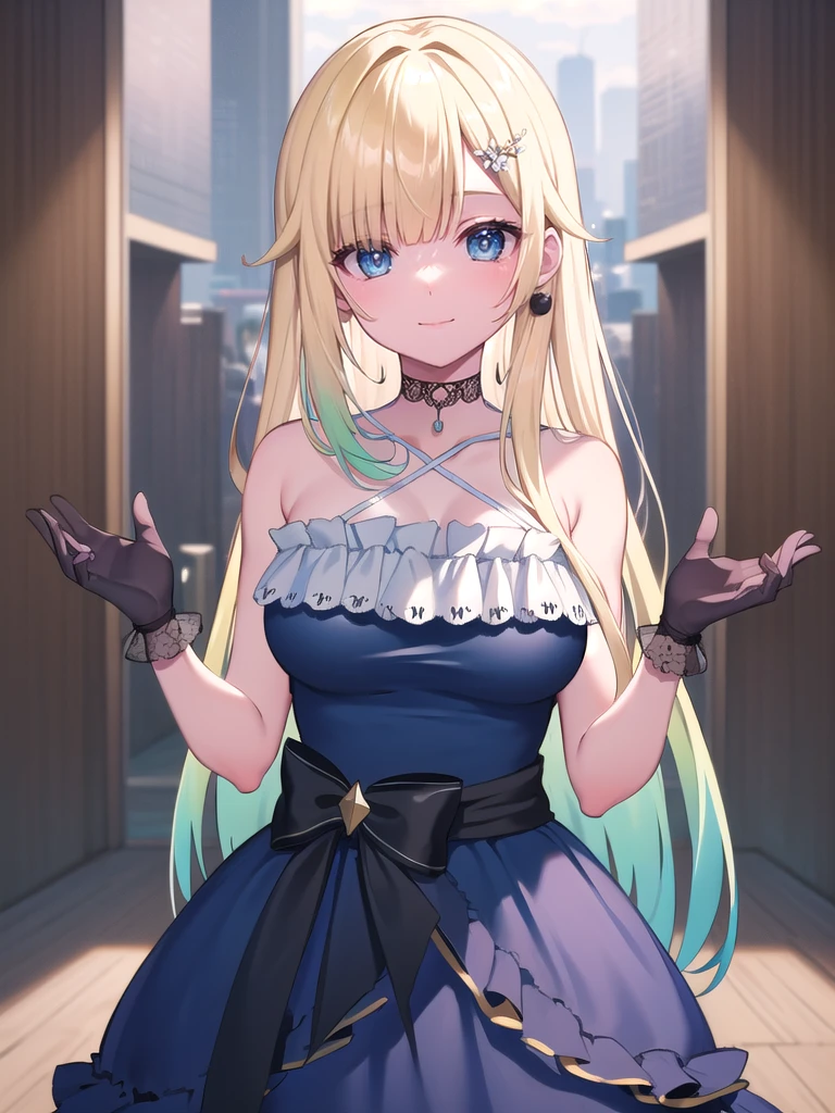 Blonde Hair, choker, (Green Eyes:1.5), Long Hair, break bare shoulders, Blue clothes, blush, blush stickers, Cleavage, clavicle, have, Off the shoulder, Pokémon, Pentacles, wizard have, (Blue clothes:1.5), break looking at viewer, break outdoors, city, break (masterpiece:1.2), highest quality, High resolution, Unity 8k, (shape:0.8), (Beautiful details:1.6), Highly detailed face, Perfect lighting, Extremely detailed CG, (Perfect hands, Perfect Anatomy),