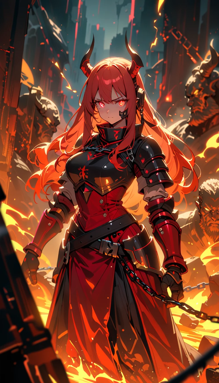 ((best quality)) , ((masterpiece)) , (detailed),axe, 1girl, female focus, horns, glowing eyes, holding, beard, glowing, solo, weapon, holding axe, facial hair, fire, holding weapon, chain, looking at viewer, long hair, lightning, red hair, horned helmet, armor, helmet, belt, fake horns, molten rock, feet out of frame, standing, battle axe, electricity