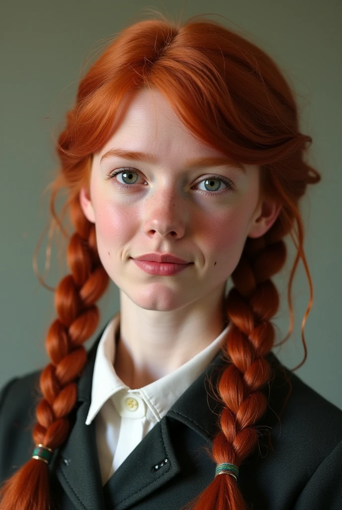 a girl with ginger hair and green eyes, she has freckles on her cheeks, her hair are long and in braids, strict gaze on the viewer, wearing old money style clothes