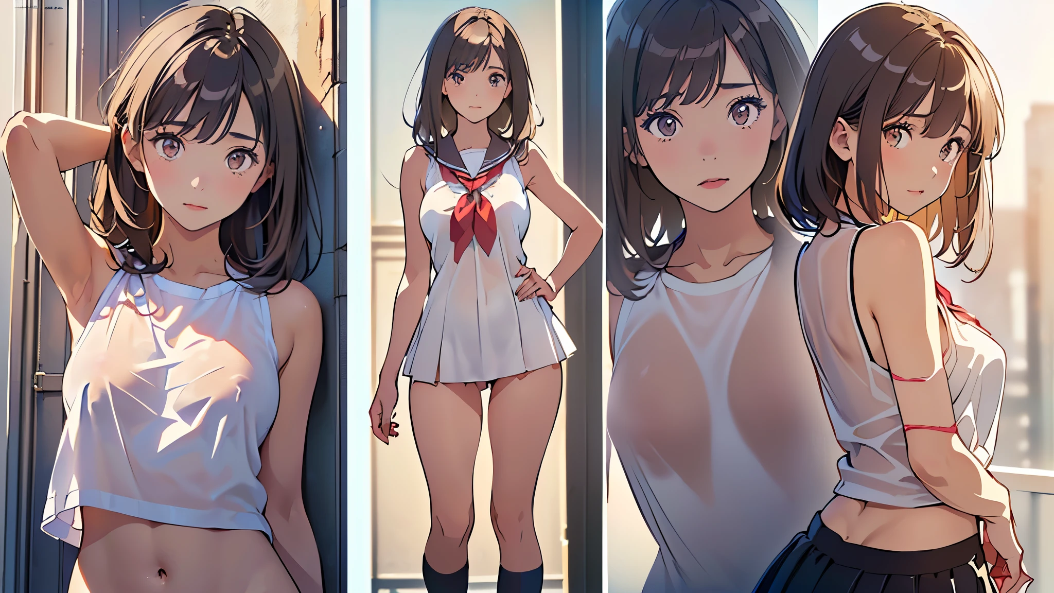 ((((realistic, painting, girl, 4K, masterpiece: 1.5, masterpiece: 1.5, best quality: 1.5, high resolution: 1.5, perfect head: 1.5, ultra detailed illustration: 1.5, beautiful eyes: 1.5, nude: 1.5, character concept art: 1.5, official art, ultra detailed, high detail, highly detailed and exquisite fan art, muted color, dark color, watercolor, popular character, best character, supreme character, popular character design, best character design, supreme character design, trendy character design, popular character hair color, popular character hair design)))),(((((age, young woman, woman, adult woman, lady, secondary sexual characteristics girl, adolescence, adolescent virgin, adolescent female genitalia, adolescent girl, adolescent girl, adolescent gal, adolescent gal girl, tanned girl, full body, whole body, realistic head and body proportions, head and body proportions appropriate for age, large breasts with secondary sexual characteristics, large breasts in the process of growing, character design sheet, multi-view, three-sided view, front view, side view, rear view, back view, full body shot looking back, same character, same role, scene with changing environment, various compositions, various angles, fan service, e.g. fan service))))),(((comparison between school uniform and naked, comparison between naked and school uniform, wearing a sheer school uniform all over the body, see-through school uniform, naked body visible through a sheer school uniform, naked body visible through a sheer school uniform fabric, female genitalia appropriate for age visible, standing posture showing whole body and buttocks appropriate for age, standing posture bending upper body showing whole body and buttocks appropriate for age, leaning upper body back and squatting showing armpits, standing posture showing armpits and buttocks, leaning upper body back a little and standing upright showing buttocks appropriate for age, full body upright posture with buttocks exposed, puberty sexy)))