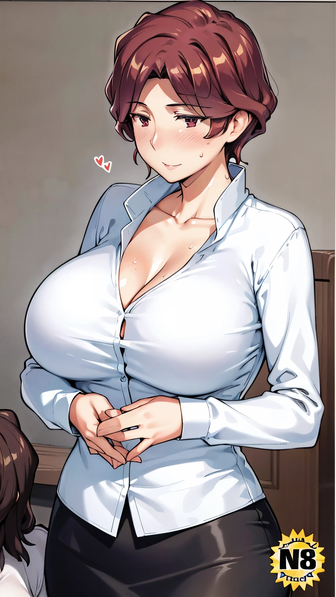 (hands on hips), masterpiece, ,(solo:1.1), perfect face, (bright lighting:1.2),beautiful detailed eyes, extremely detailed face, perfect lighting,masterpiece, best quality, ((mature female)), ((large breasts)), 30yo female, 1girl, medium brown hair, (wolfcut hair), curly hair ,provocative, tease, milf, large breasts, simple smile, adult woman, thick skirt, full body. ((extremely realistic shading, masterpiece, extremely detailed, photorealistic)), blue eyes, (highscool uniform), white shirt, navy skirt, pressed breasts, tight button, tight shirt, grin,