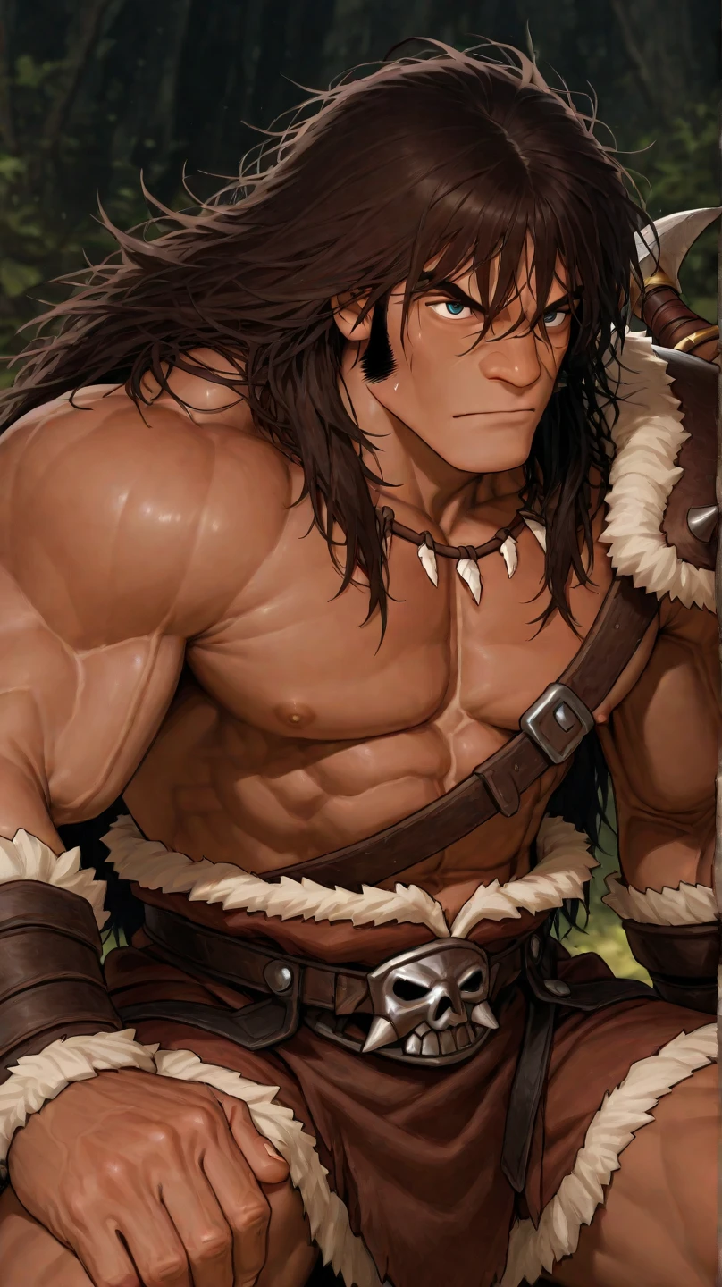 Conan Exiles Style, young warrior with a war axe, highest rated pixiv, shirtless, 270 lbs, muscular body A barrel chest with a narrow waist, massive shoulders, ridiculously shapely large pecs, eight chiseled abs, arms as thick as logs, and formidable thighs. (very toned and huge) narrow waist, barbarian, brown hair, hair in ponytail, blue eyes (detailed eyes), D&D character, brave warrior, human, face attractive, young face, image of skill, almost naked, disinterested expression