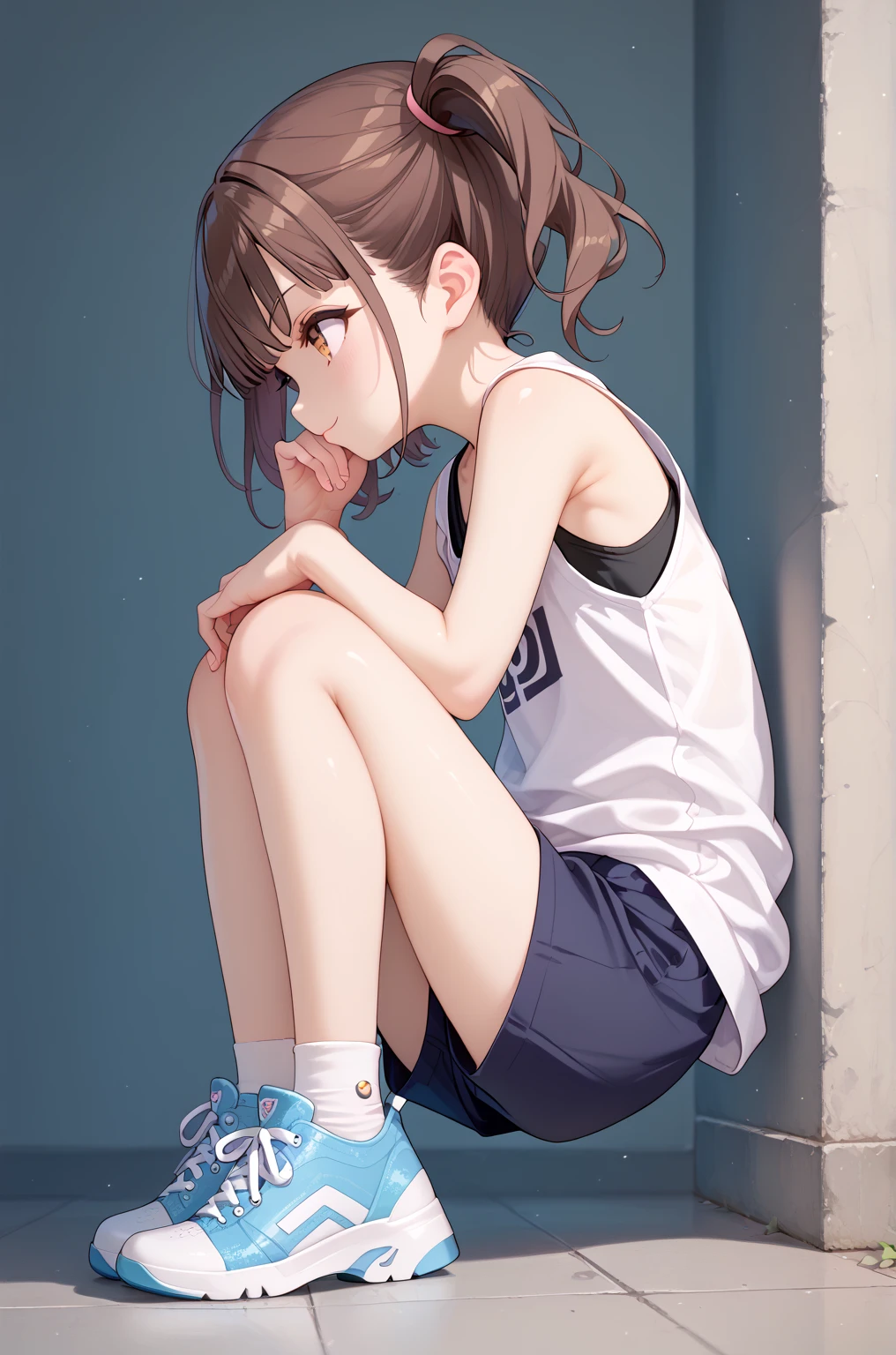 score_9, score_8_up, score_7_up, source_anime, best quality, masterpiece, official art, absurdres, highres, ultra-detailed,waifu2x,Collection: Slice of Life,break,1girl, very short hair,pixie cut, long bangs, glasses, uniform, small breasts, sweat, open mouth, (wavy mouth:0.3), indoors, gym, stretching, summer, break,(clear line illustration:1.2),very high resolution, very aesthetic, super detailed skin, Best sexual lighting powered by famous artist, 8k,cute picture,beauty illustration,photoshop_(medium),,(Detailed Lighting),best anime 8k konachan wallpaper, pixiv contest winner,