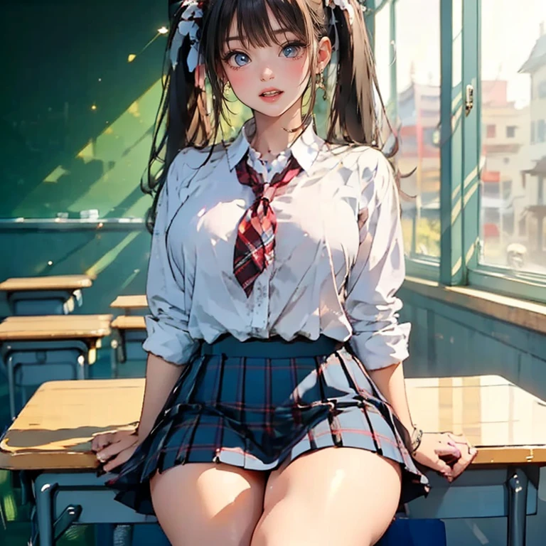 (High School Uniform:1.5)、(Spread your legs)、(Rich color expression)、(Big Breasts)、8K resolution、 masterpiece、((Highest quality))、Anatomically correct、The girl is alone、(I narrowed my eyes a little.:2)、(Flower Hair Ornaments)、(tie)、(ribbon)、(Checked Skirt:1.3)、((Hasselblad Photos))、[:(Detailed face:1.2):0.2]、(Squat)、(Stare intently)、(library)