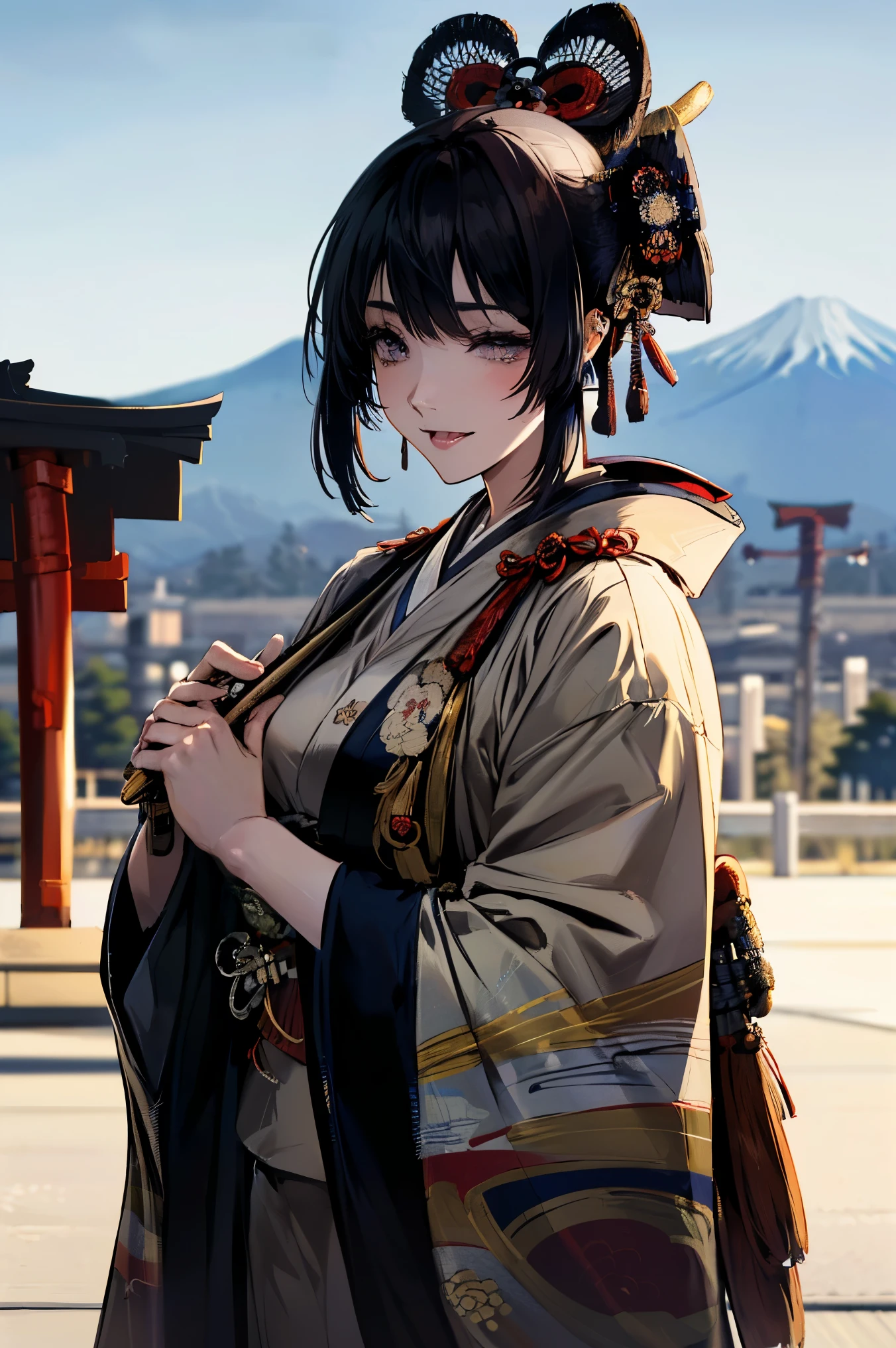 (masterpiece:1.5),beautiful hair,beautiful eyes with a vagina,Beautiful slender body,(Konno Anna:1.2),(Riho Yoshioka:1.1),(closes her eyes and sticks out her tongue:1.3),(Mountains in the background:1.4),bust illustration from the front ,Cleavage,((((An Extraordinary Beauty:1.7)))),((((military jacket, kimono,Japanese and Western,Taisho Romance:1.5)))),((19-year-old single woman holding a fish in her hand:1.1)),(accurately depicted anatomically correct hands:1.1) dark hair,long lashes,Three-dimensional, jewel-like eyes,Very delicate and beautiful CG,2. 5D illustration, Anatomically Accurate Body, (Extremely precise illustrations:1.1),(Outdoors:1.4), (wallpaper:1.4),8k