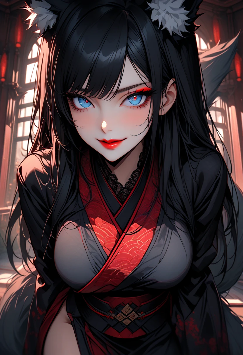 score_9, score_8_up, score_7_up, score_6_up, score_5_up, score_4_up,
BREAK
1girl, black hair, long hair, straight hair, blunt bangs, hime cut, gem necklace, red gem, red eyes, black eyeshadow, black lips, oni hornsm, adjusting hair, asymmetrical hair, seductive smile,
BREAK
solo, cowboy shot, black kimono, japanese clothes, off shoulder, medium breasts, cleavage,
BREAK
black background, nijijourney, <lora:Lunas-NijiJourney-SDXL-B2:1>