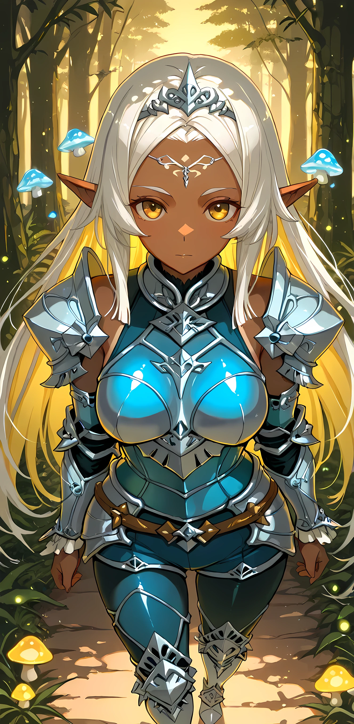 ((Wakfu anime style art)), (Woman with light blue shorts hanging loosely on her strong legs, twenty-six year old woman, light blue top tight on her average breasts, light blue armor, in opal armor, wearing shiny breastplate, short white hair to shoulder length, hair with yellow highlights at the ends, wavy highlights at the ends, white cloth tiara forming a fringe in front of her tanned forehead, tanned skin of a dark elf knight, dressed in ethereal battle armor, shiny armor, wakfu colors + symmetry, zora, wearing diamond armor, full body sprite, reflected silver ice armor, elf knight princess, full body image) | (forest with fireflies flying around, forest with glowing mushrooms nearby, walking in the middle of the forest, scenery rich in details), (front angle, full body art, epic scene, fantasy anime details, twilight), ((better image quality, better sharpness, better contrast, better shading, better saturation, richness of body details, richness of facial details, balanced brightness))