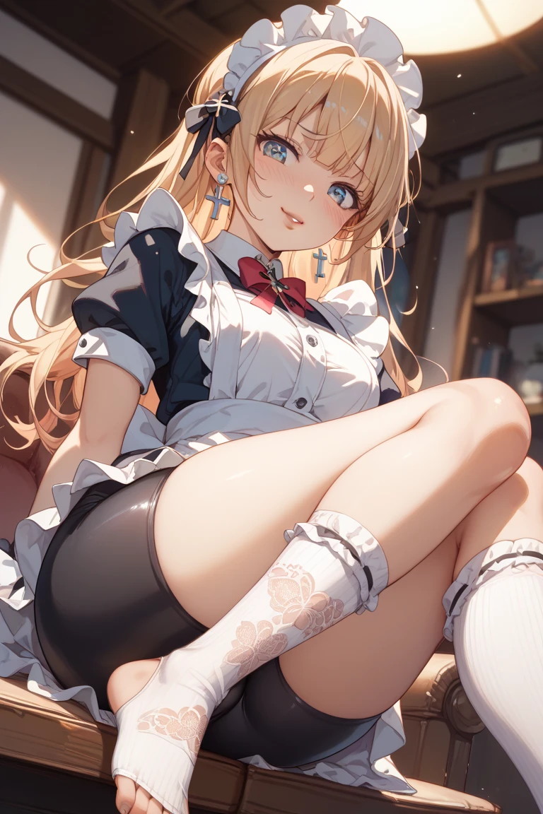 (hyper realisitc), (illuminations), (A high resolution), (8K), (The content is very detailed), (Best Best Illustration), (beautidful eyes), (Best quality), (ultra - detailed), (tmasterpiece), (Wallpapers), (Detailed faces), Alone, (dynamicposes), 1 girl, White wavy hair on chair, korean people, heterochromatic eyes, There is a small mole under the eye, ((Short apron)), higher breasts, legs long, Tighten abs, (Camel toes), (), (No bra wearing),lifting up skirt，View panties，white see-through panties，Tight，Cat lady，Lie down