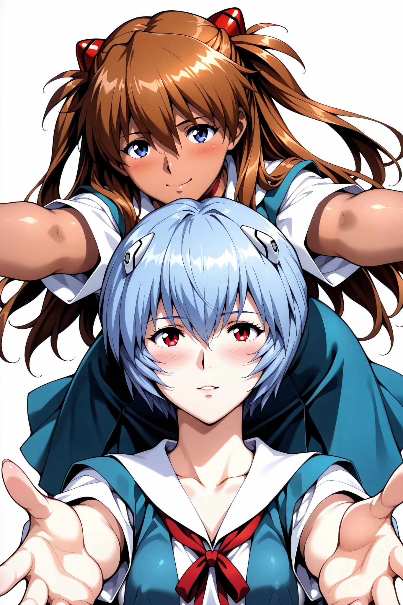 score_9, score_8_up, score_7_up, score_6_up, source_Evangelion
highly detailed eyes, perfect eyes:1.1, 2 girls,
Top Quality, details, newest, AI-generated, super high resolution, Viewers,
curvilinear, anatomically correct, detailsな肌, white background, no background, less eye blow, tokyo-3 middle school uniform, breast press, smile, blush, incoming hug, take you pick, (ecstasy:1.1),
(c-mizuki, purple eyes, long hair, brown hair, two side up),
break,
(Soryu Asuka Langley, brown hair, long hair, blue eyes),
break,
(Ayanami Rei, blue hair, short hair, red eyes),