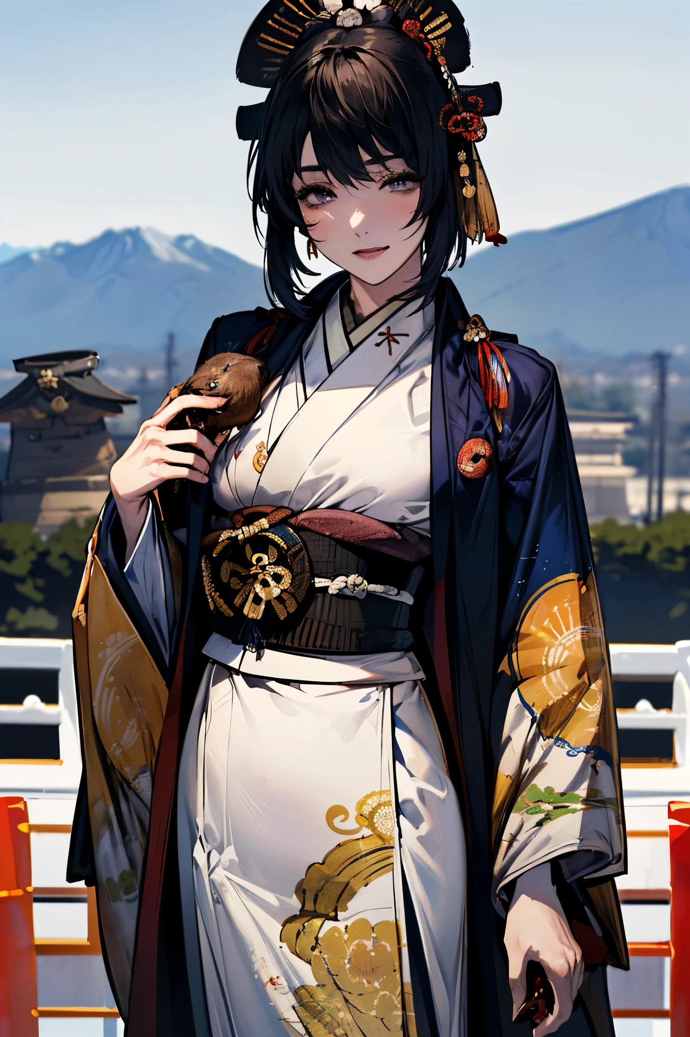 (masterpiece:1.5),beautiful hair,beautiful eyes with a vagina,Beautiful slender body,(Konno Anna:1.2),(Riho Yoshioka:1.1),(closes her eyes and sticks out her tongue:1.3),(Mountains in the background:1.4),bust illustration from the front ,Cleavage,((((An Extraordinary Beauty:1.7)))),((((military jacket, kimono,Japanese and Western,Taisho Romance:1.5)))),((19-year-old single woman holding a fish in her hand:1.1)),(accurately depicted anatomically correct hands:1.1) dark hair,long lashes,Three-dimensional, jewel-like eyes,Very delicate and beautiful CG,2. 5D illustration, Anatomically Accurate Body, (Extremely precise illustrations:1.1),(Outdoors:1.4), (wallpaper:1.4),8k