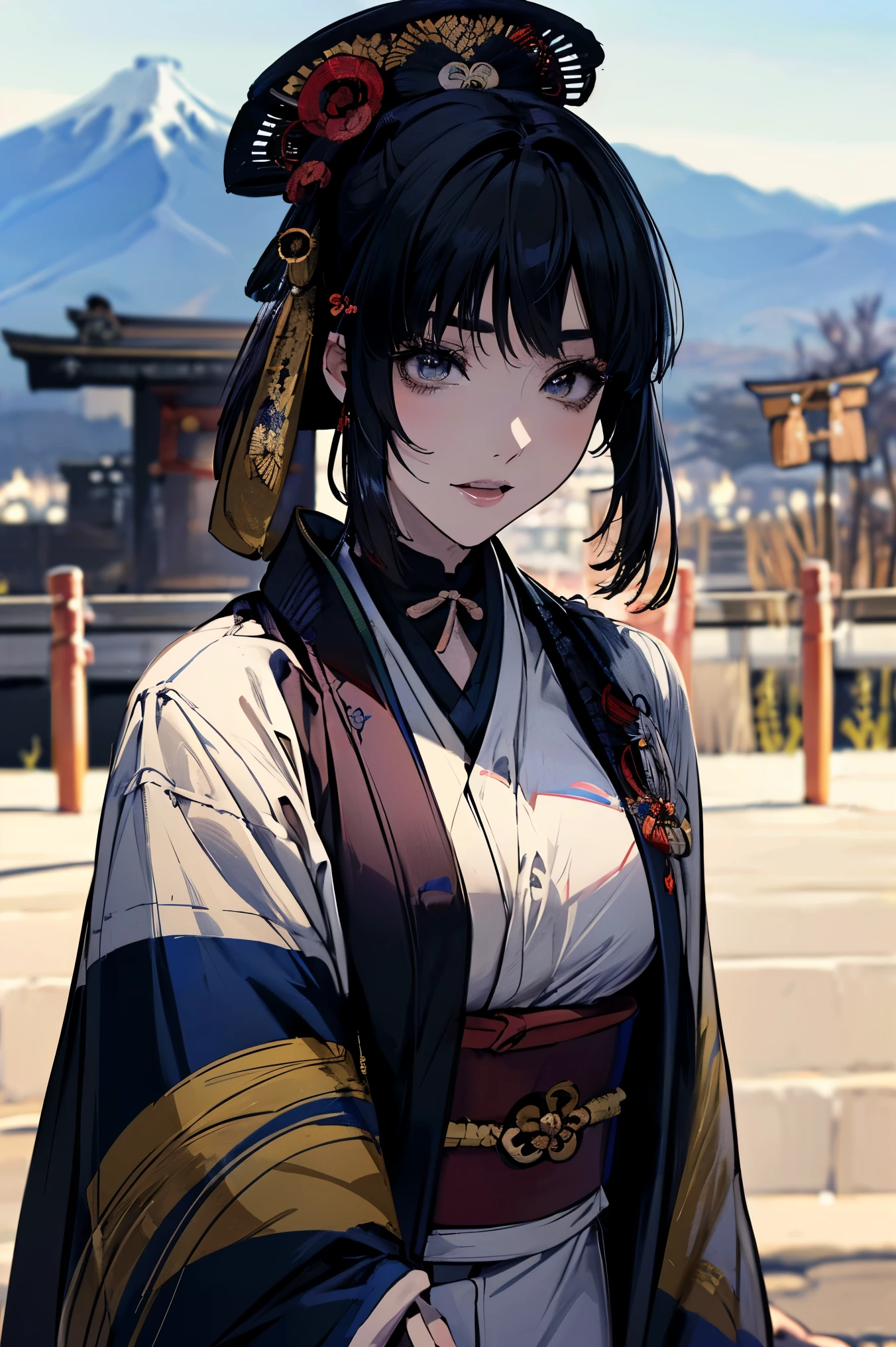 (masterpiece:1.5),beautiful hair,beautiful eyes with a vagina,Beautiful slender body,(Konno Anna:1.2),(Riho Yoshioka:1.1),(closes her eyes and sticks out her tongue:1.3),(Mountains in the background:1.4),bust illustration from the front ,Cleavage,((((An Extraordinary Beauty:1.7)))),((((military jacket, kimono,Japanese and Western,Taisho Romance:1.5)))),((19-year-old single woman holding a fish in her hand:1.1)),(accurately depicted anatomically correct hands:1.1) dark hair,long lashes,Three-dimensional, jewel-like eyes,Very delicate and beautiful CG,2. 5D illustration, Anatomically Accurate Body, (Extremely precise illustrations:1.1),(Outdoors:1.4), (wallpaper:1.4),8k