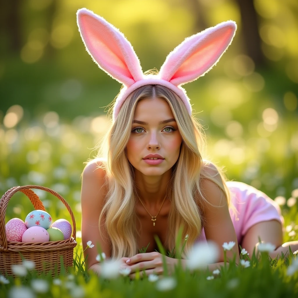 (sharp focus), wide angle shot, ((full body photo)), attractive, 27 years old, (beautiful face), detailed and sharp eyes, luscious lips (clear real skin texture with pores), perfect sharp teeth ( big eyes), (toned body), perfect legs, (detailed long wavy hair), (beautiful girl)), sexy model, ((lying in a garden full of flowers and easter eggs)), (posing sensually), dressed as an Easter bunny, beauty, Easter day, colored eggs, ((dressed as an Easter bunny,))), ((( photo section, fantasy setting, ))), perfectly sensual pose, with a perspective sexy (sensual sexy poses). (daylight ambient lighting), ((high depth of field)), 8k, 4K, HDR. defined skin texture with pores (perfect full body sharp image in the photo), sharp and detailed eyes, natural beauty,