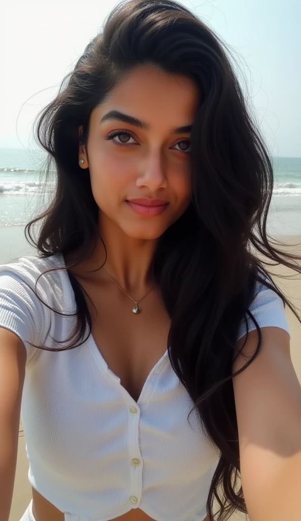linda, Mulher de 18 anos, Corpo fino, (cabelo preto [destaques roxos]), olhos azuis, batom cor de rosa, mascara, corar, lindo eyebrows, moletom com capuz branco, pele macia, colar de ouro, rabo de cavalo, Short curto, sorriso pretensioso, Na praia, (tiro de corpo inteiro), olhando de volta para o espectador