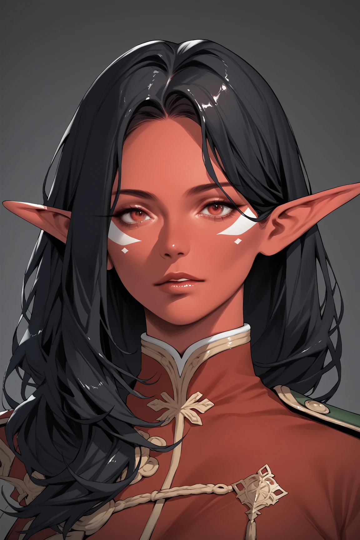 the dark elf woman was beautiful, red eyes, black hair with red higlights, translucent skin, very thin but with many curves, defined physique, scars, intricate detailed portrait, high quality digital art, 8k, photorealistic, cinematic lighting, dramatic color palette, fantasy concept art