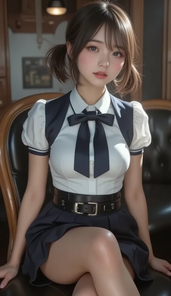 デヴィッド・ホックニーとアルフォンス・ミュシャによるsurrealismの女性肖像画、perfect lighting、bright lighting、Big eyes、serious eyes、add highlights to the eyes、looking at camera、9 heads and bodies、Study in the library, short and fine hair, High school student wearing Shenzhen , smile, looking at the viewer, 35mm, 135mm lens、film grain, cinematic lighting, surrealism, Super detailed, advanced details, highest quality, High resolution
