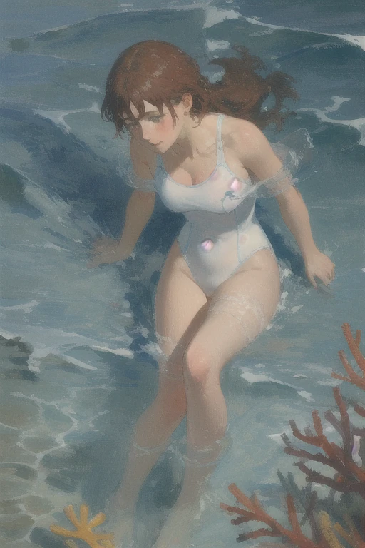 Exquisite (slim (skinny)) Girl 16 years old (with a perfect, very beautiful face and almond-shaped eyes) (with a southern skin tone and soft lips) (with red hair) (costs (waist-deep in water)) ((nude)) with tender (beautiful breasts) (with soft pink nipples) (Barefoot) In the middle of a big river ((in a white open shirt) on the naked body); ((Sunset Evening Amber Light)), ((caramel soft warm shades)); (Warm summer late evening), ((Warm sunset light)); draw ((in watercolor style)); ((very beautiful exquisite face)); (High image quality, High detail), ((discreet faded shades, pale expressionless colors, imitation of film photography, diffused soft light)); ((big alien eyes), skinny); ((delicate mint shades)), (sfumato)