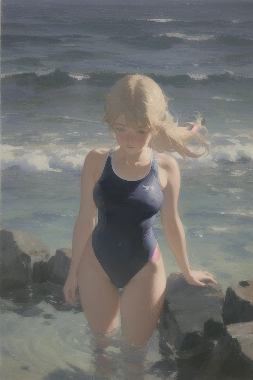 watercolor painting of a pale skin 1 girl, long braided hair falling over her shoulders, ((muscular body)) with defined muscles showing strength and elegance, wearing a bikini that highlights her physique, standing confidently on a sandy beach with gentle waves lapping at her feet, in the style of Norman Rockwell with vibrant colors and attention to detail