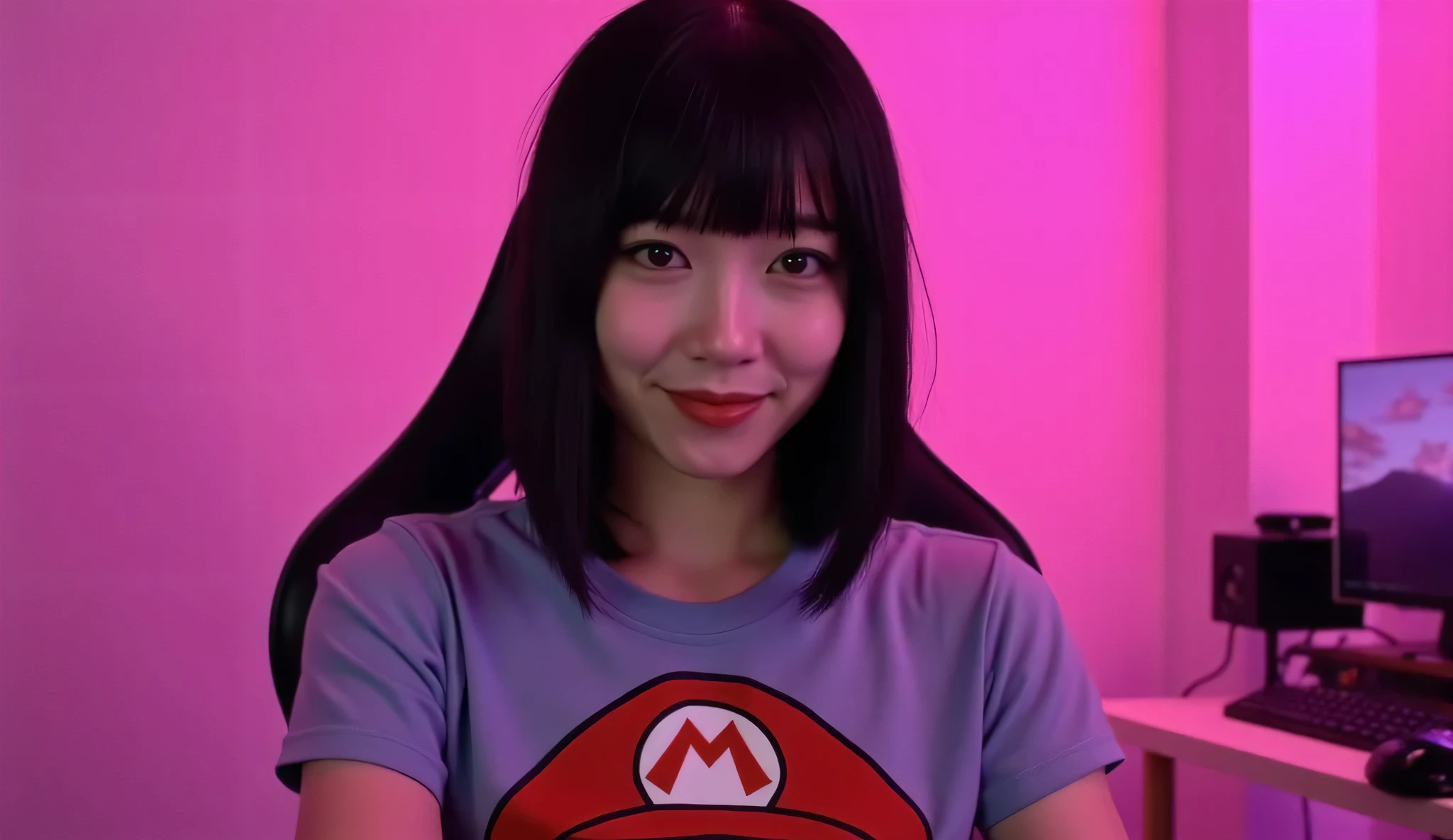 20-Year-Old Japanese Woman with Straight Hair , short hair behind the ear , black hair , amber eyes , studio wearing a Mario Bros . T-shirt with giant breasts , fixed gaze at the viewer with a warm smile , Sitting in a Gamer Chair in a Pink Studio with Dark Purple and Pink Lighting . 8-D photo-cinematographic image , front view .