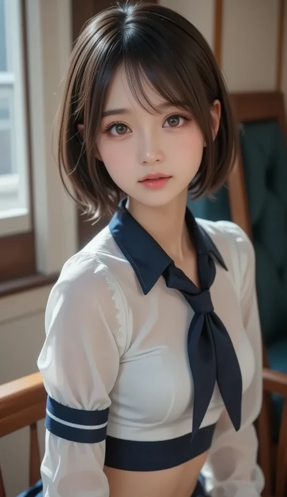 (Tabletop, Highest quality:1.2), 8k, 18-year-old, 85mm, Official Art, RAW Photos, Absurd, White dress shirt, Cute Face, close, Upper Body, Viola Lace, Gardenia, beautiful girl, , (Navy Pleated Skirt:1.1), Squeeze the waist, Thighs, Short sleeve, classroom, ponytail、short hair、short hair、sit on bench seat, Looking at the audience, No makeup, (smile:0.4), Film Grain, chromatic aberration, Sharp focus, Face Light, Bright lighting, , Detailed face, Background Blur, (Dark red tie:1.1)、日本の学校のclassroom、classroom