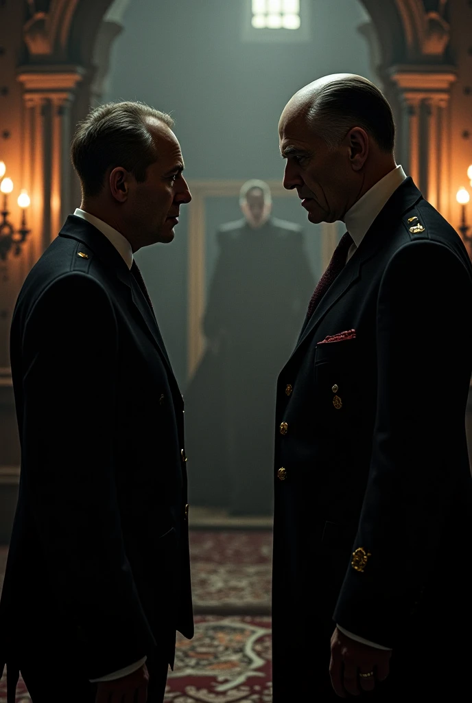 A villain next to Hitler in a dark room, about to place a protective device in the room, as the hero bursts through a broken door.