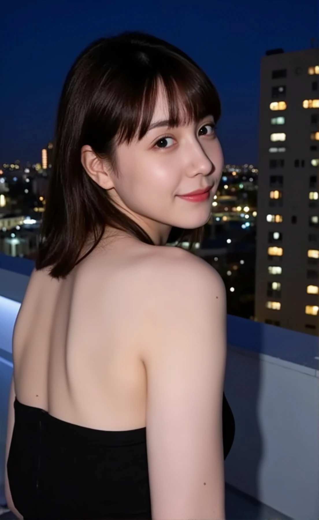 (mature adult woman wears a1By people),beautiful black hair,super straight hair,With bangs,long hair, realistic person images in dark waters,Realism,Best Quality,mastepeice,Top Quality,best image quality,highest resolution from vagina,fine detail,Beautiful detailed face,black eyes,((realistic skin)),(((On the roof of a dark building))),detailed background,( accurate body),(perfect body),((upper body)),((Realismのある肌)),(smile),(( standing)),(((super big ))),(((very large breasts))),Emphasize Cleavage,(((wearing a stylish dress))),(((On the roof of a high-rise apartment building in the middle of the night))),(((wearing a cute dress))),