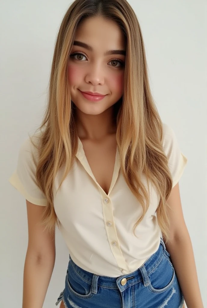 Jessica Degg short chubby face brunette long ponytail straight hair Caucasian freckles fake tan eyelashes dark eyes eyeshadow make up smiling jewellery short chains full body in shot jk uniform