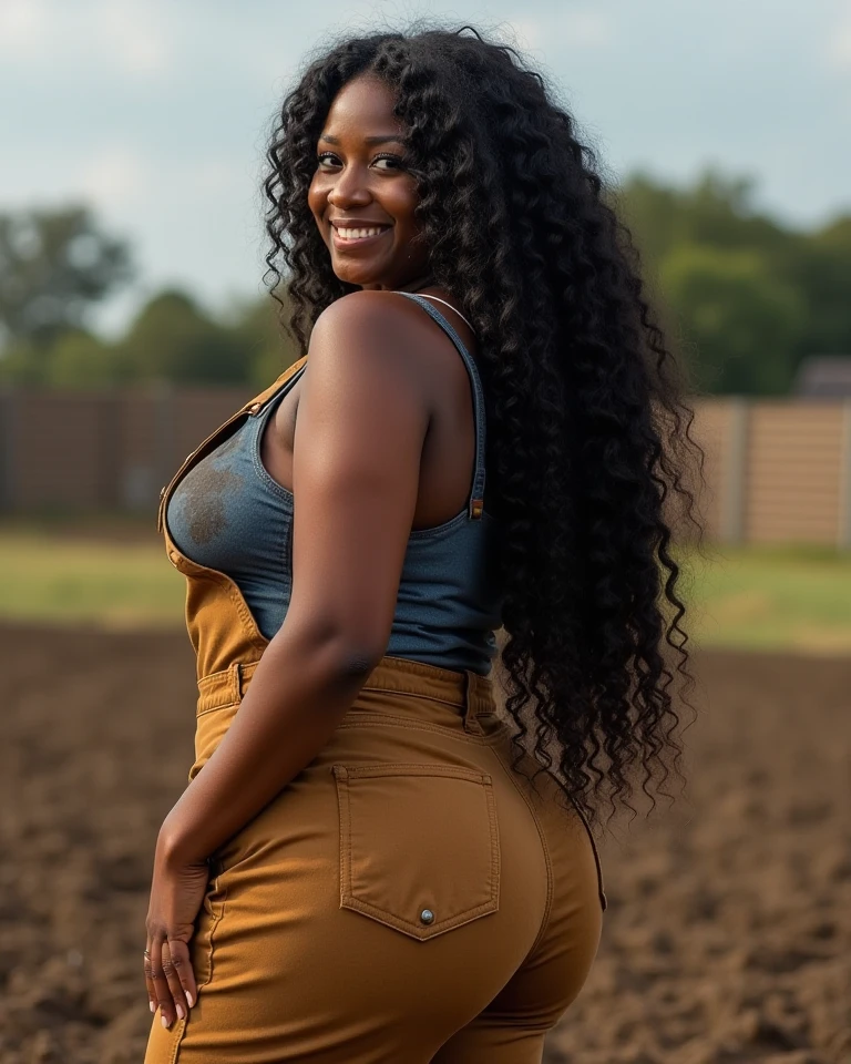 An african, tall heighted, grinning lady wearing grey jeans, burgundy-purple vertical striped & long sleeved top, long dark dreadlocks, a tiny necklace, black-grey embroidered headband under her dreadlocks, thick lips, black eyes, thick legs and big booty, big breasts, neat and defined eyebrows, she walks, front angle, breasts showed angle, in green wheat field and few crows are flying at background