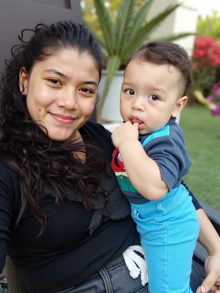 a beautiful Brazilian woman with indigenous Brazilian physical characteristics, at the forest, with your baby