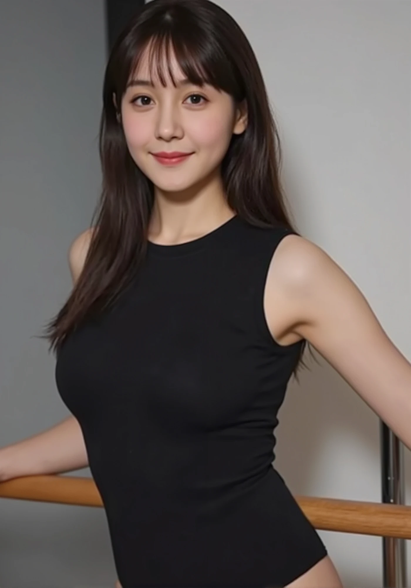 (mature adult woman wears a1By people),beautiful black hair,super straight hair,With bangs,long hair, realistic person images in dark waters,Realism,Best Quality,mastepeice,Top Quality,best image quality,highest resolution from vagina,fine detail,Beautiful detailed face,black eyes,((realistic skin)),(((Dark lesson room))),detailed background,( accurate body),(perfect body),((upper body)),((Realismのある肌)),(smile),(((Turn backwards))),large breasts,(((leotard during dance lessons))),(((small light in the dark lesson room))),((A big butt with a beautiful shape)),(((wearing a leotard))),appearance wearing a,