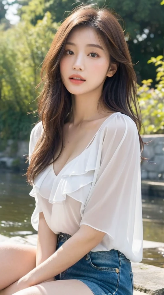 (((best quality))),(((ultra detailed))),(((masterpiece))),illustration,((1 beautiful girl,solo)),((slim,thin,flat chest)),(shoulder length straight bob hair:1.2),flowing hair,fair skin,(shiny skin:1.3),detailed eyes,laughing,(shirt-dress:1.3),delicate necklace,grass,dewdropletts,trees,bird chirping,serenity,gratitude,awe,wonders of nature,peace,contentment,magnificent world,summer,(pitch-dark dawn:1.5),(night scene:1.3),((upper body,from front)),after rain,(wet:1.3),standing,on the path,At the mountaintop,confident gaze,elegant posture,mysterious atmosphere,solemn mood,dawn approaching,detailed decorations,(sunrise:1.3),(cloudy sky:1.2),rainbow,(Rural Landscape:1.2),horizon,