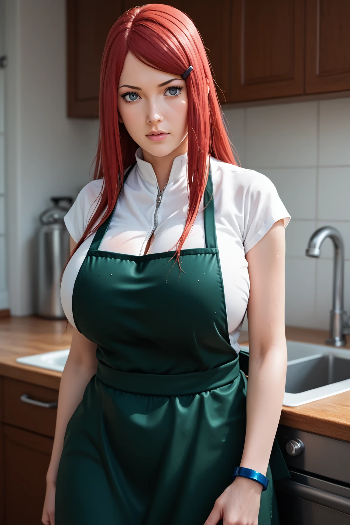 1girl, uzumaki kushina, red hair, long hair, green eyes, green clothes, big breasts, jungle background, realistic, ultra detail