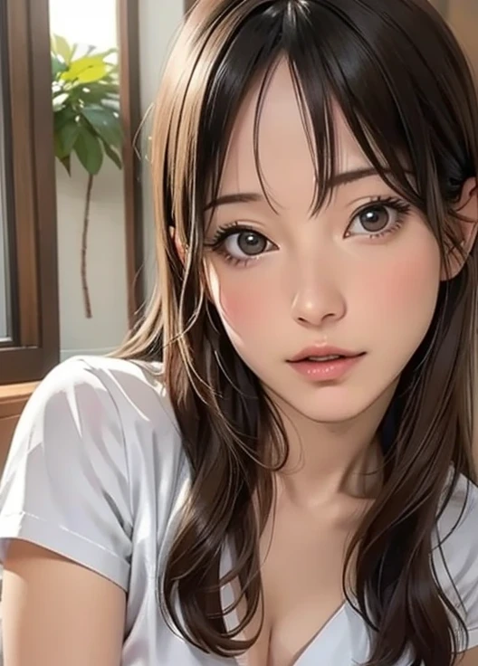 Japan woman with long hair and pink shirt licking with tongue, soft lulling tongue, trending at cgstation, Licking tongue, ultrarealistic sweet bunny girl, throbbing, Exciting, Rin, Realistic Young Gravure Idol,  Blushing, (of the highest quality、8K、Structurally correct、Photorealsitic:1.4、超A high resolution)、surrealistic、Cinematic、(((1little girl、age19、Height 1.55 m、delicated face、Models with beautiful Japan、Brown-eyed、An ultra - realstic face、Perfect Style)))、Very charming、Dynamic angles、dynamicposes