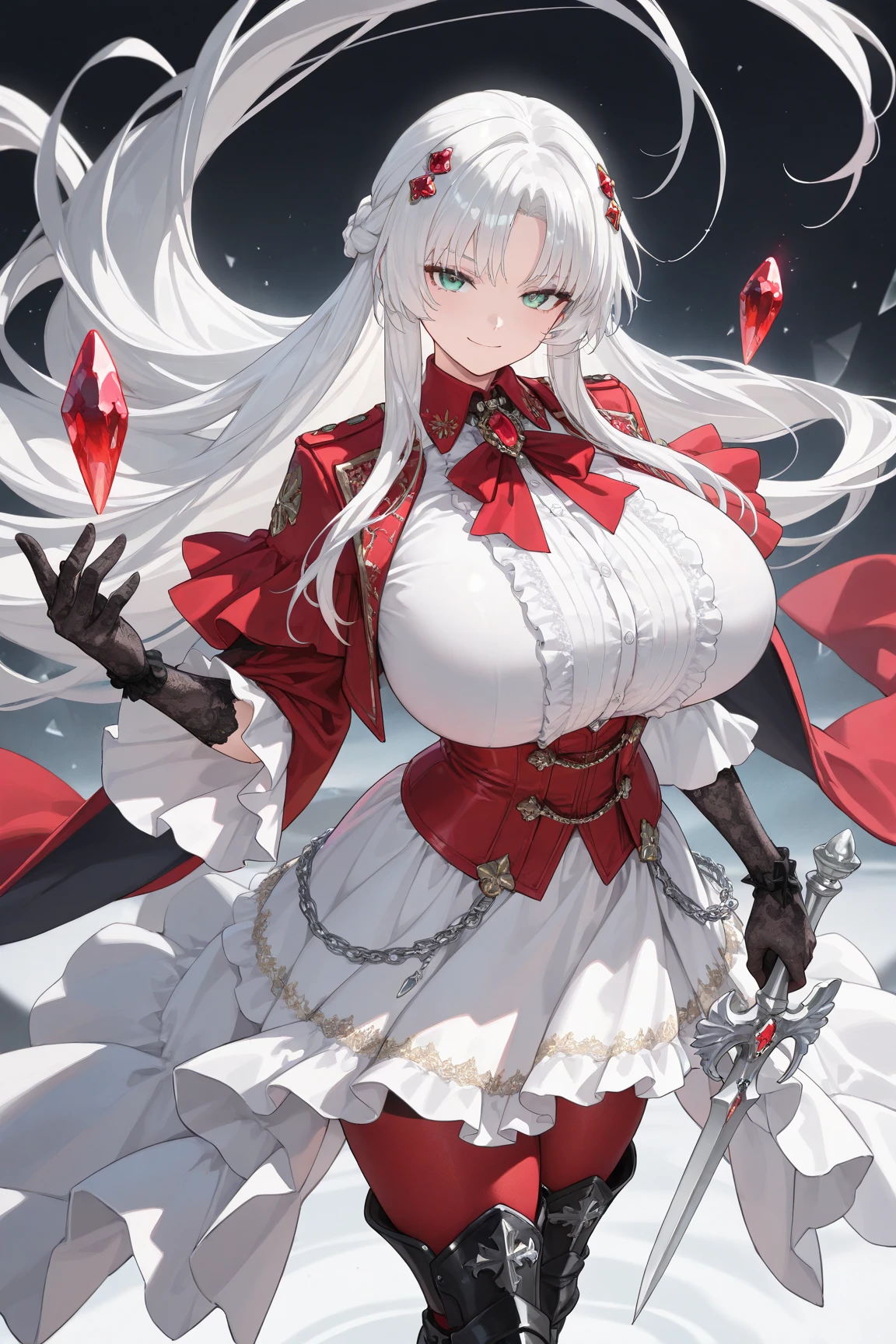 A woman wearing a long gray coat, silver hair, burgundy eyes, outside a medieval castle, air-conditioned in autumn, several leaves falling to the ground, expressionless, big breasts, perfect quality, ultra resolution, very detailed, masterpiece, 4k hd.
