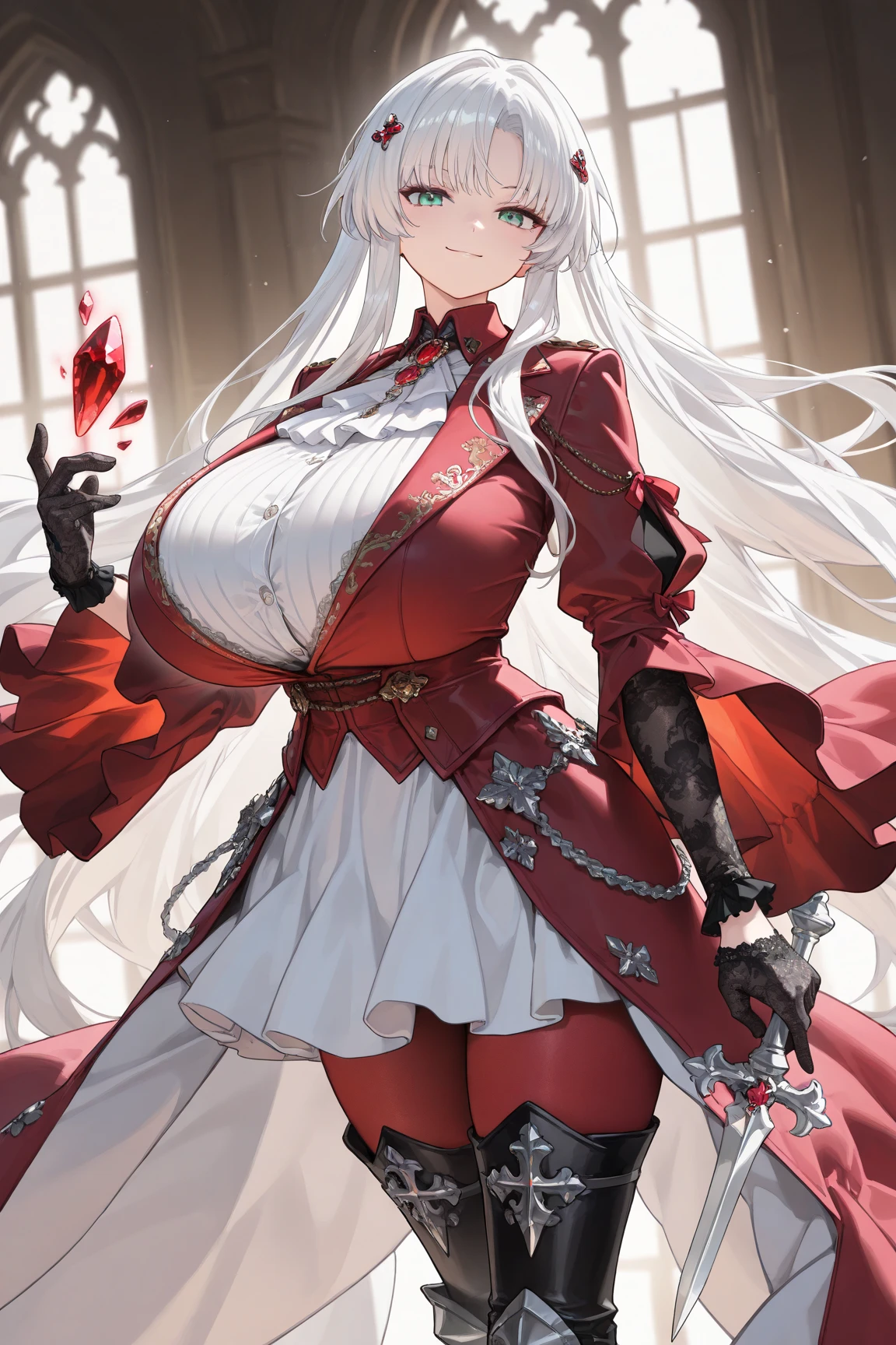 "4K, A dark ruin with no light., There was a mature and elegant woman., white hair, half braided hair, black eyes, Big breasted, wearing a magic  and a red robe., She looks cool, She has a seductive smile.."