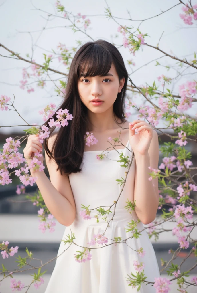 (logo、masterpiece、8k、Tabletop、RAW Photos、wonderful、最high quality、フォトリアリスティックでVery detailedな CG 統合 8k 壁紙、high quality、Very detailed、Narrative poem、Particle Effects、Dynamic Effects、Written boundary depth、Cinematic Light、Lens flare、Ray Tracing)、Fantasy、 (One beautiful woman、dress、dress、Cherry blossom pattern、Black-haired、Beautiful Face、True Face、Beautiful details、eye、Beautiful Skin)、髪がWindで踊る、Hair flutters in Wind、Hair bounces、Pink cherry blossom tree、Petals fluttering、SakuraFubuki、wonderful景色、sunrise、Sun in the background、Wind