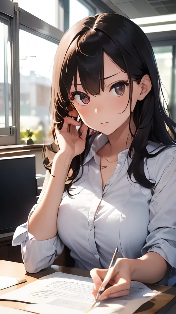 Biologically correct five fingers、(Placing hand on chest:1.5)、Upper Body, Realistic, real person, (pale skin: 1.2), RAW photo, photorealistic, portrait photography, shiny skin, shiny hair、(A 25-year-old woman with medium-length hair and bangs) and (wavy hair) and (brown hair) and (orange eyes) , (business suit:1.5) and (White shirt)、(embarrassed:1.5), smile, Background is an office room、Alone、Are standing