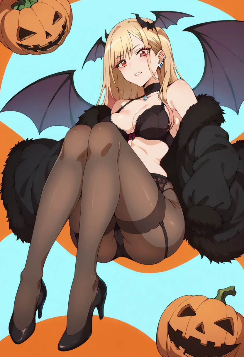 masterpiece, best quality, highly detailed background, perfect lighting, best quality, (extremely detailed face), volumetric lighting, intricate details, shadow, tonemapping, sharp focus, hyper detailed, trending on Artstation, (solo), ((bedroom background)) ((in the night)).Girl with bat wings, Devil, devil horns, long red hair. Red eyes. Sexy. curvy. sexy pose. Blush, Clear skin. Belly in sight. Big bust. Hip. Body. Sexy smile, Blue ambient light. ((Scantily clad))
