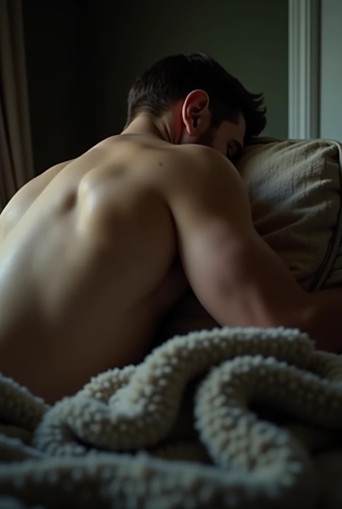 Hot, sweaty, beefy, shirtless dad on the bed with his hands tied up above his head, his hands connected to the headboard. He also has big, bushy, hairy armpits. Big cockhead bulge on his underwear. (He is also blindfolded with a cloth tied around his eyes, covering his eyes). (He also has a dad bod). (He is extremely sweaty, sweat dripping all over his body).