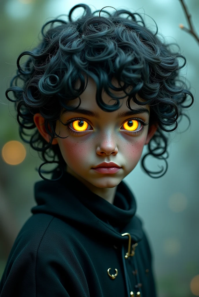 A teenager with big curly hair, yellow eyes, Scissor hands, and a scar on the face