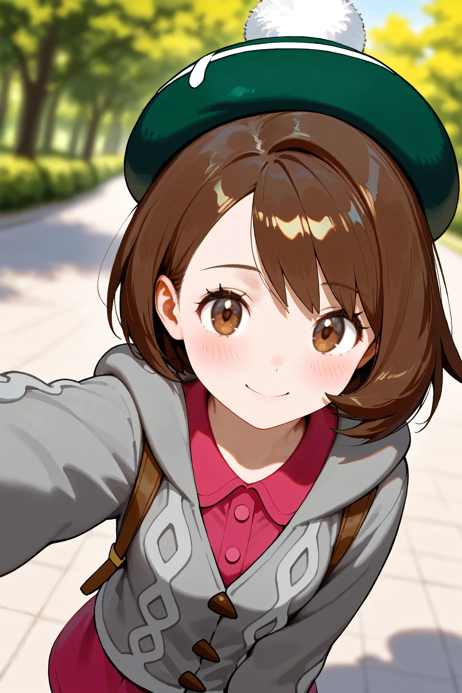 (Masterpiece), (Highest quality), (Very detailed),
(The best shape), (Best Shadow), (Absurd),
(Detailed background), (So beautiful), Shiny ,
Beautiful eyes in every detail, Extraordinary, Countershading, 8k, 32K, High resolution,
Very Detailed CG, UHD,
Score_9, Score_8_up, Score_7_up, Source_anime,
(Pastel painting:1.2), (Watercolor painting:1.2),
(Masterpiece, Detailed:1.2), (Foreshortening:1.2),
Cinematic, Dramatic, (Depth of field:1.4),
(Blurry background:1.4), (Realistic background:1.4),
(Foreshortening:1.3),Dynamic angle, dynamic pose,
1 girl,
Outdoor, Nature, Park, Wind,
Pokémon,
gloria, gloria (pokemon), short hair, bangs, brown hair, brown eyes, eyelashes, bob cut,
hat, dress, buttons, cardigan, pink dress, green headwear, collared dress, cable knit, grey cardigan, tam o' shanter, hooded cardigan,
Portrait, Focus on face, (Close up shot:1.2),
(Blush:1.3), smile, happy, joyful,
Shiny skin,