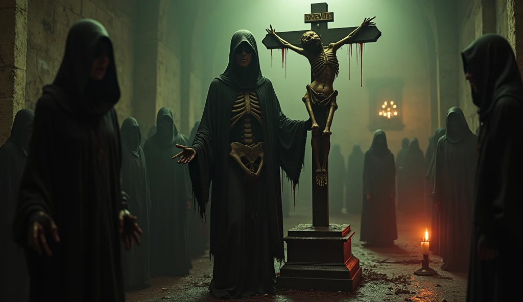 Three guys in their 20s inside the sect with blood and skull candles, people in dark robes