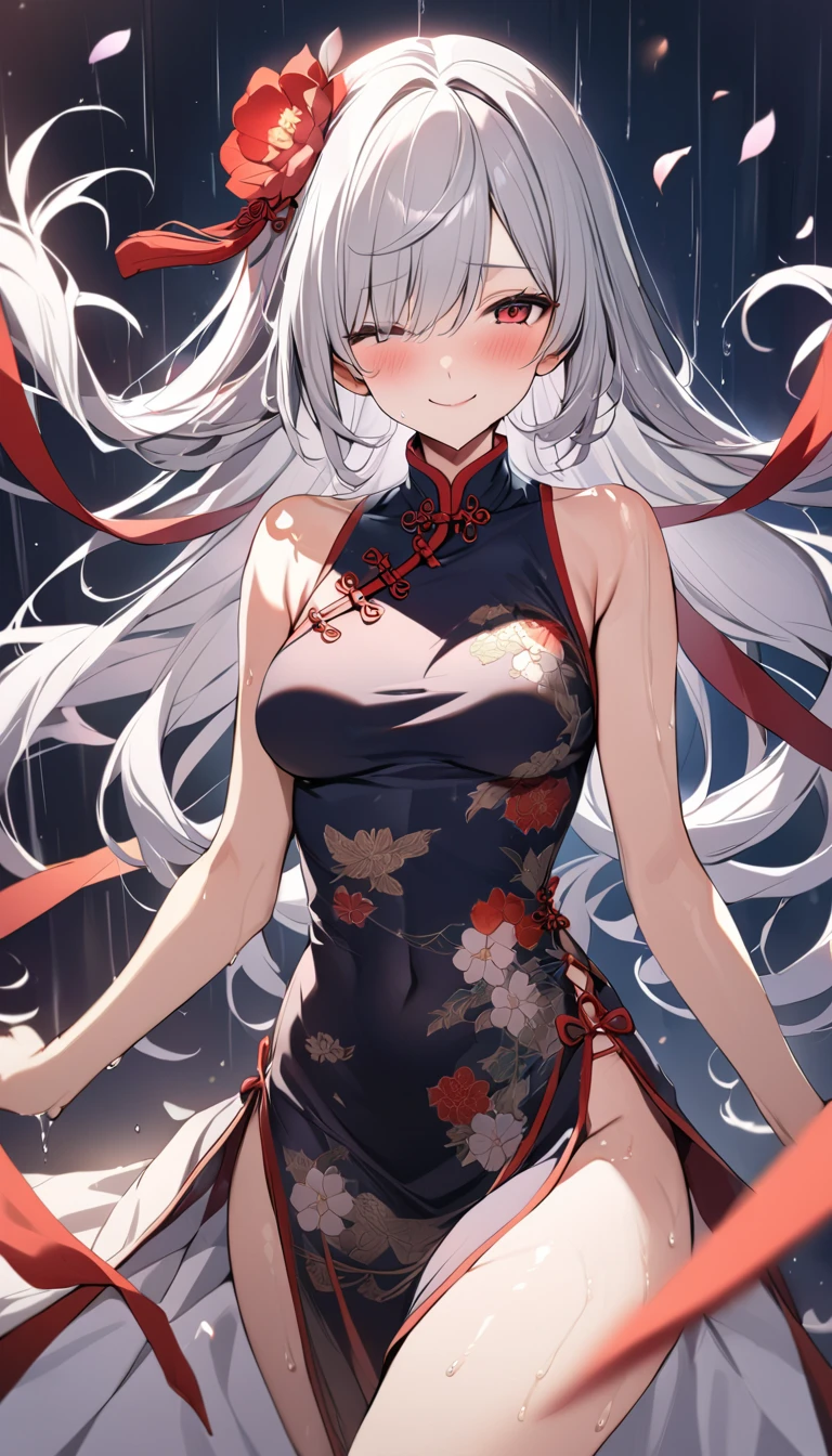 Loose clothing、cropped shoulders、Dark string dress、How to wear a black dress、Decorated with intricate patterns and bright colors、transparent materialakes skin shiny、The artwork depicts seductive female dresses wearing damp cloth and transparent skin, Floral and dreamy patterns,Traditional clear skin,Smooth as silky smooth。Her dress draped elegantly over her curvaceous figure、Emphasize her captivating silhouette。She is a gentle night of fireworks、Dynamic posing、sexyposture、Bask in soft moonlight。The scene is、With a touch of mystery and sexiness、It exudes an ethereal dreamy atmosphere。The image style is、It combines watercolor and digital illustration techniques.、Let you feel the exquisite beauty and charm。soft moonlight lighting、casting soft highlights and shadows on her charming features。Dynamic posing、Bold Pose、The hand is somewhere、ssee-through、show through、A sexy、Wet hair、Wet、(the cherry trees、Flower petals、SakuraNS、the cherry trees、Sakura Blizzard 1.5)、submerged、Transparent skin、Wet clothes、(Chest 1.2)、Navel Ejection、Swaying in the wind、Burgundy、pale red、(Laziness 1.5)、Lace color、lace choker、choker necklace、Lie on your back on the water、New lining、tassel jhumka earrings