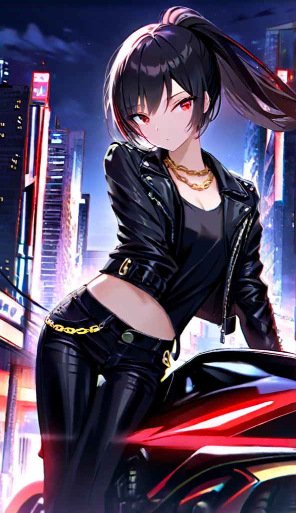 high quality、cyber punk、girl２people、mechanic、comical、anime style etc.、髪のcolorは２color、bike、leather jacket、punk coloring、city、ナイトcity、Street style、graffiti、hoodie、middle age、tall woman、military、Knee-high boots、weapons、night、二people組、teammates、The touch of the picture is black lagoon style