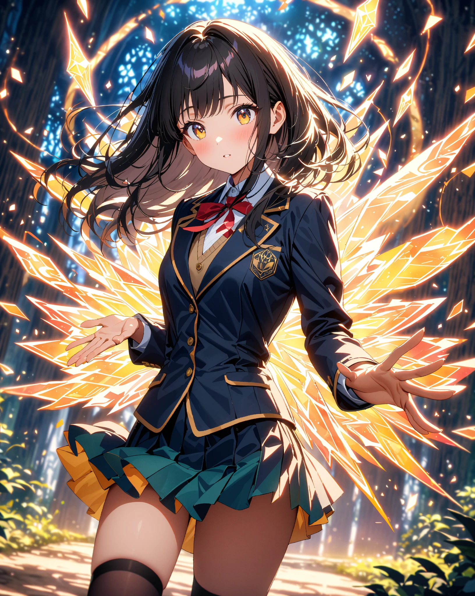 accurate, Anatomically correct, Winner of numerous awards, High quality, detail, Damaged, High-resolution model, High detail, quality, High quality, Very detailed, retina, Ultra high definition, Textured skin, blondes, Bobcut,(14 years old), Red eyes, Slanted Eyes, tsurime,(Dark Skin),(Anatomically correct body), Green Sailor Suit,Pleated skirt,Standing with arms folded,White socks,loafers,Confident expression,A big explosion behind,Special Effects,Sparkle Effect, Lens flare, Proof of perfection,Shiny skin,Natural light,Facing forward,looking at the camera,