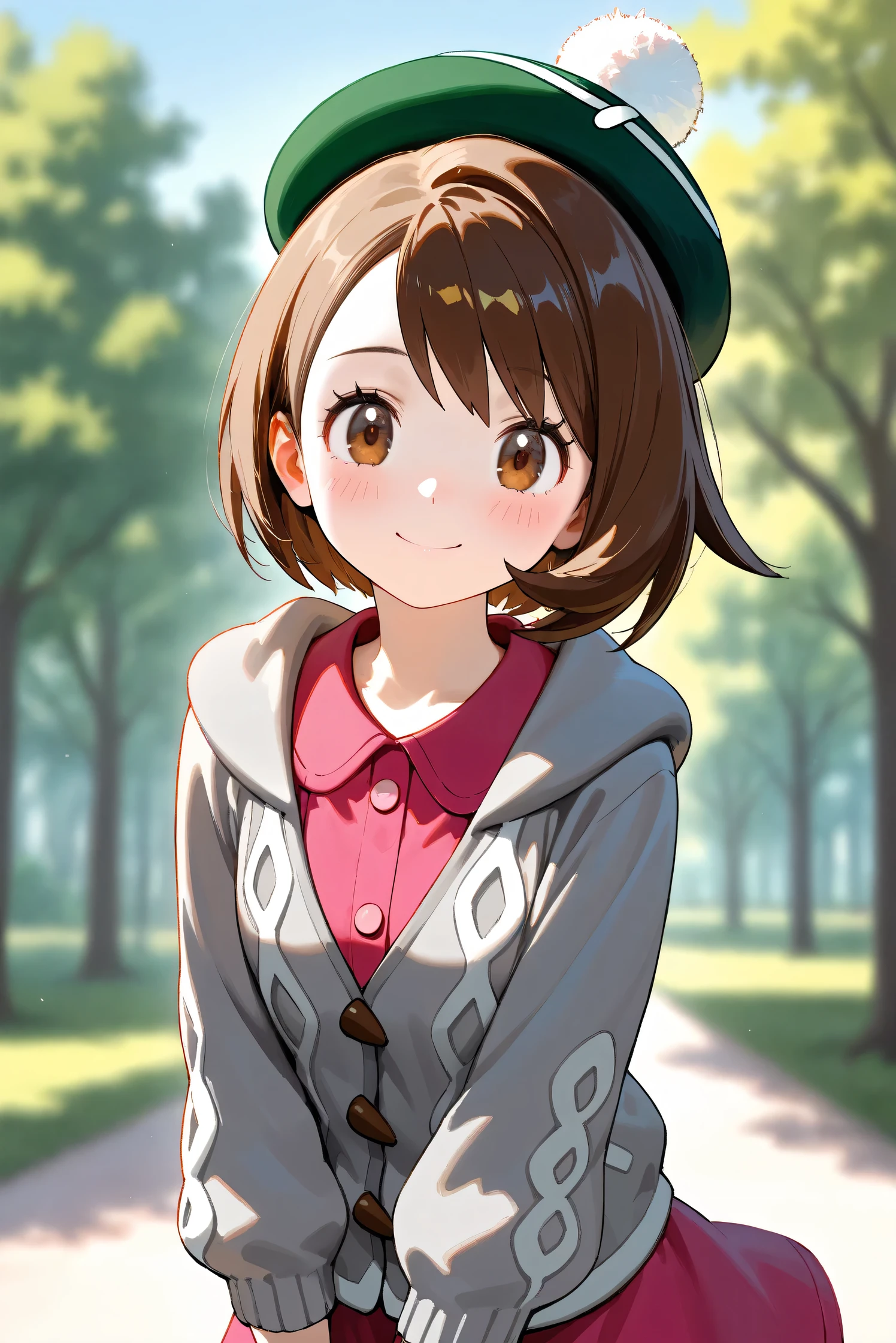 (Masterpiece), (Highest quality), (Very detailed),
(The best shape), (Best Shadow), (Absurd),
(Detailed background), (So beautiful), Shiny ,
Beautiful eyes in every detail, Extraordinary, Countershading, 8k, 32K, High resolution,
Very Detailed CG, UHD,
Score_9, Score_8_up, Score_7_up, Source_anime,
(Pastel painting:1.2), (Watercolor painting:1.2),
(Masterpiece, Detailed:1.2), (Foreshortening:1.2),
Cinematic, Dramatic, (Depth of field:1.4),
(Blurry background:1.4), (Realistic background:1.4),
(Foreshortening:1.3),Dynamic angle, dynamic pose,
1 girl,
Outdoor, Nature, Park, Wind,
Pokémon,
gloria, gloria (pokemon), short hair, bangs, brown hair, brown eyes, eyelashes, bob cut,
hat, dress, buttons, cardigan, pink dress, green headwear, collared dress, cable knit, grey cardigan, tam o' shanter, hooded cardigan,
Portrait, Focus on face, (Close up shot:1.2),
(Blush:1.3), smile, happy, joyful,
Shiny skin,