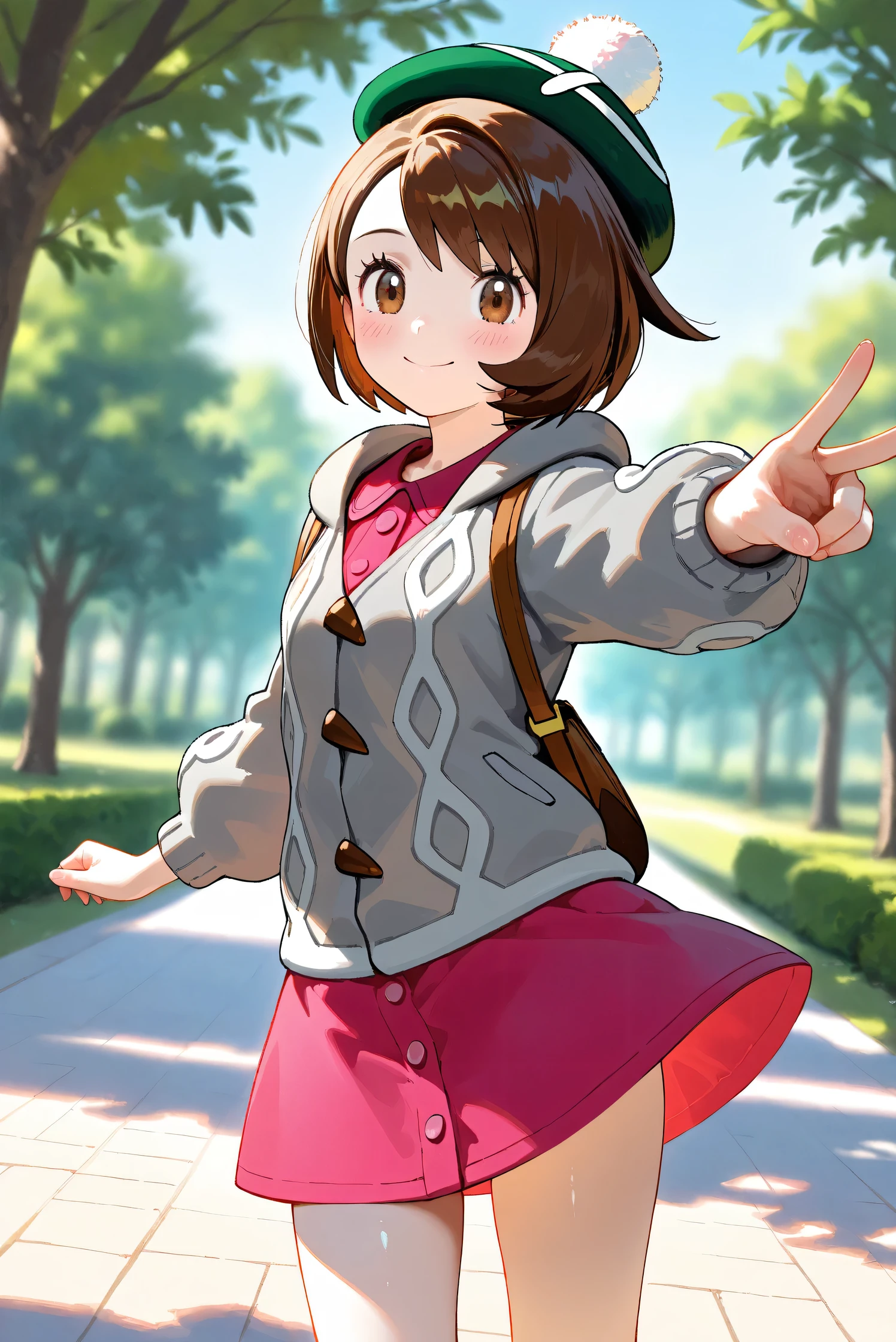 (Masterpiece), (Highest quality), (Very detailed),
(The best shape), (Best Shadow), (Absurd),
(Detailed background), (So beautiful), Shiny ,
Beautiful eyes in every detail, Extraordinary, Countershading, 8k, 32K, High resolution,
Very Detailed CG, UHD,
Score_9, Score_8_up, Score_7_up, Source_anime,
(Pastel painting:1.2), (Watercolor painting:1.2),
(Masterpiece, Detailed:1.2), (Foreshortening:1.2),
Cinematic, Dramatic, (Depth of field:1.4),
(Blurry background:1.4), (Realistic background:1.4),
(Foreshortening:1.3),Dynamic angle, dynamic pose,
1 girl,
Outdoor, Nature, Park, Wind,
Pokémon,
gloria, gloria (pokemon), short hair, bangs, brown hair, brown eyes, eyelashes, bob cut,
hat, dress, buttons, cardigan, pink dress, green headwear, collared dress, cable knit, grey cardigan, tam o' shanter, hooded cardigan,
Portrait, Focus on face, (Close up shot:1.2),
(Blush:1.3), smile, happy, joyful,
Shiny skin,