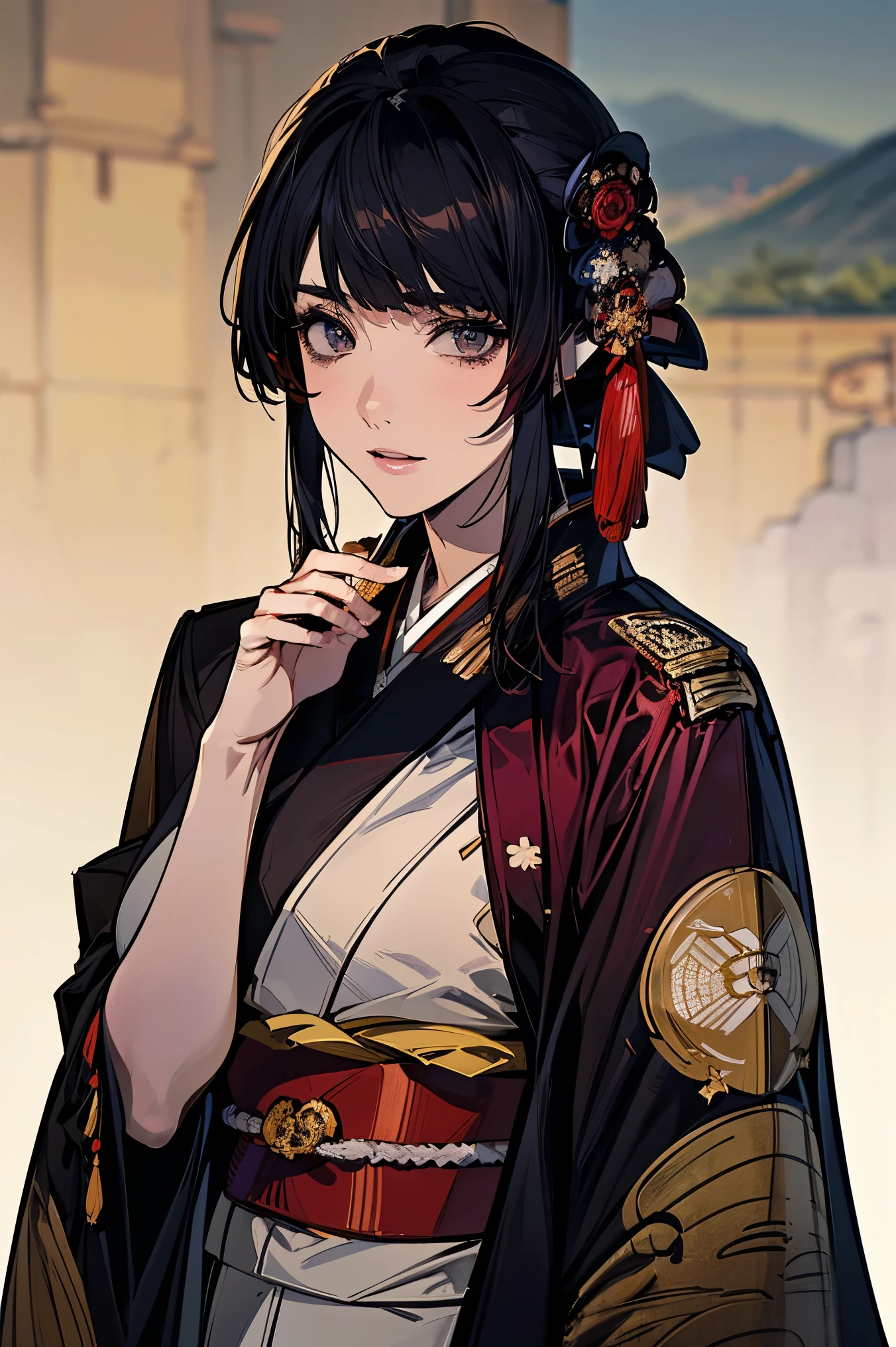(masterpiece:1.5),beautiful hair,beautiful eyes with a vagina,beautiful lips,Beautiful slender body,(Konno Anna:1.2),(Riho Yoshioka:1.1),(random expression:1.3),(Mountains in the background:1.4),bust illustration from the front ,Cleavage,((((An Extraordinary Beauty:1.7)))),((((military jacket, kimono,Taisho Romance:1.5)))),((19-year-old single woman holding a fish in her hand:1.1)),(accurately depicted anatomically correct hands:1.1) dark hair,long lashes,Three-dimensional, jewel-like eyes,Very delicate and beautiful CG,2. 5D illustration, Anatomically Accurate Body, (Extremely precise illustrations:1.1),(Outdoors:1.4), (wallpaper:1.4),8k