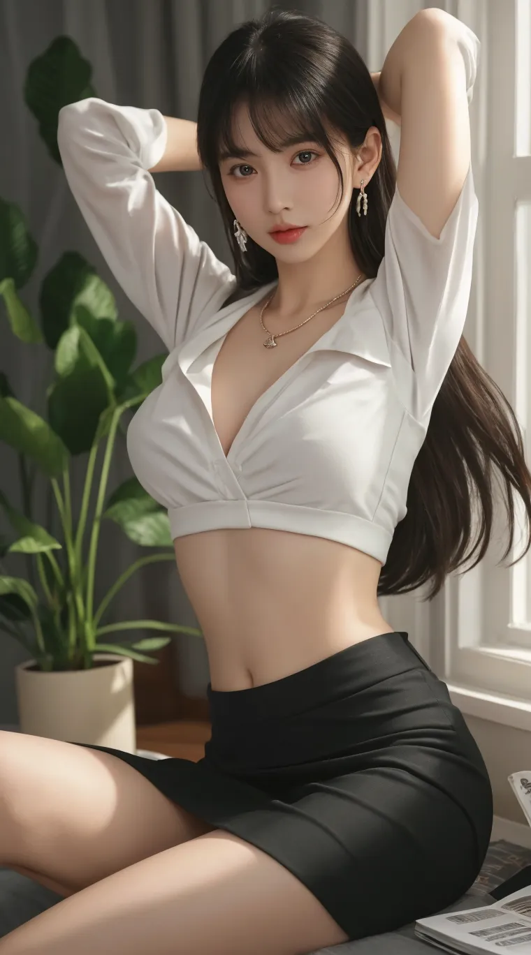 Sultry librarian, small glasses, hair tied up, chewing on pen, tight skirt, tight shirt, black bra, legs open reavaling panties 