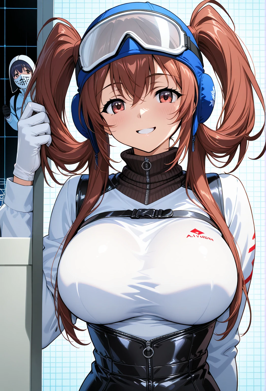 20-year-old girl,Crimson hair,side braid,Smile,Huge breasts,cleavage,Sheer red sleeveless top,Leave space in the middle to reveal cleavage,Soaked all over,Blushing,green eyes,Female spy,Red miniskirt,White gloves,White hand sleeves,White boots,Science fiction,Future,robot driver,There is a pistol on the back belt,No bangs,Wearing earrings only on one side,leather neck brace,There is a belt around the waist,Inside the huge robot cockpit,Sitting in the driving seat,Darkness all around
